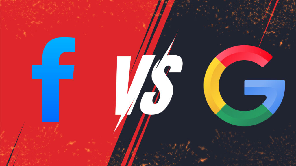 A red and black split background features the Facebook logo on the left and Google logo on the right, with "VS" in bold white between them, conveying competition.