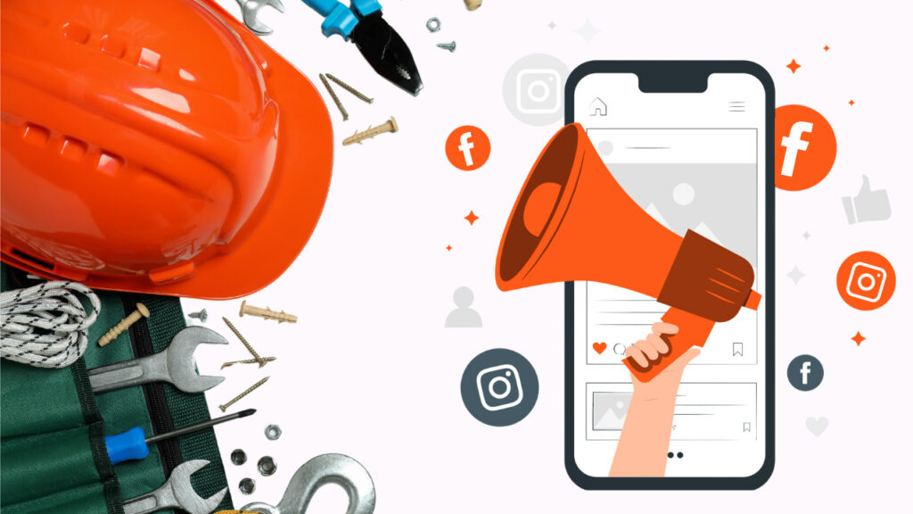 Run Facebook Ads, An orange safety helmet and assorted tools are on the left. To the right, a hand holds a megaphone emerging from a smartphone, surrounded by social media icons.