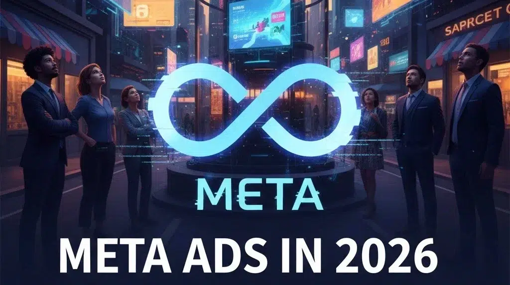 Business professionals gazing at a glowing Meta logo in a futuristic city with overlay text "Meta Ads in 2026: What Small Businesses Must Prepare For Now."