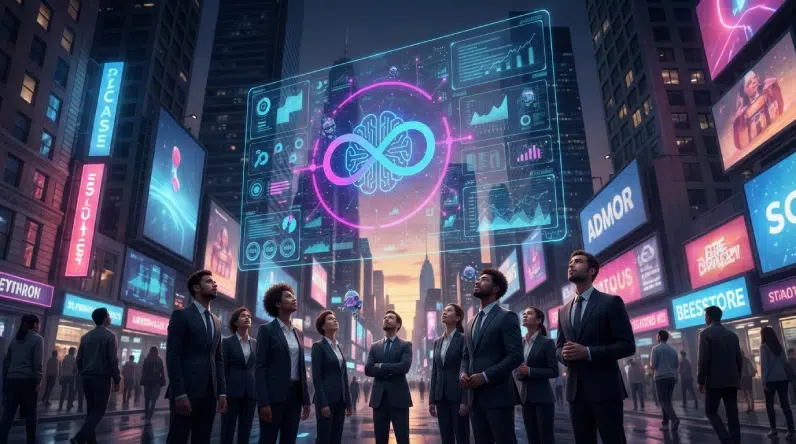 Business professionals in a futuristic city gazing up at a holographic interface displaying AI-driven data analytics and a stylized infinity brain logo.