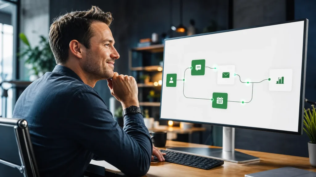 Marketer reviewing an AI marketing automation workflow connecting chat, email, calendar and analytics on a monitor