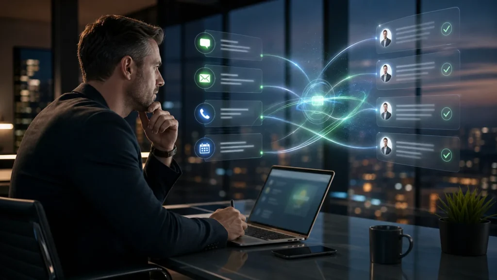 Marketer at a laptop with AI chat, email, call and calendar icons routing enquiries to qualified contacts, representing an AI sales employee