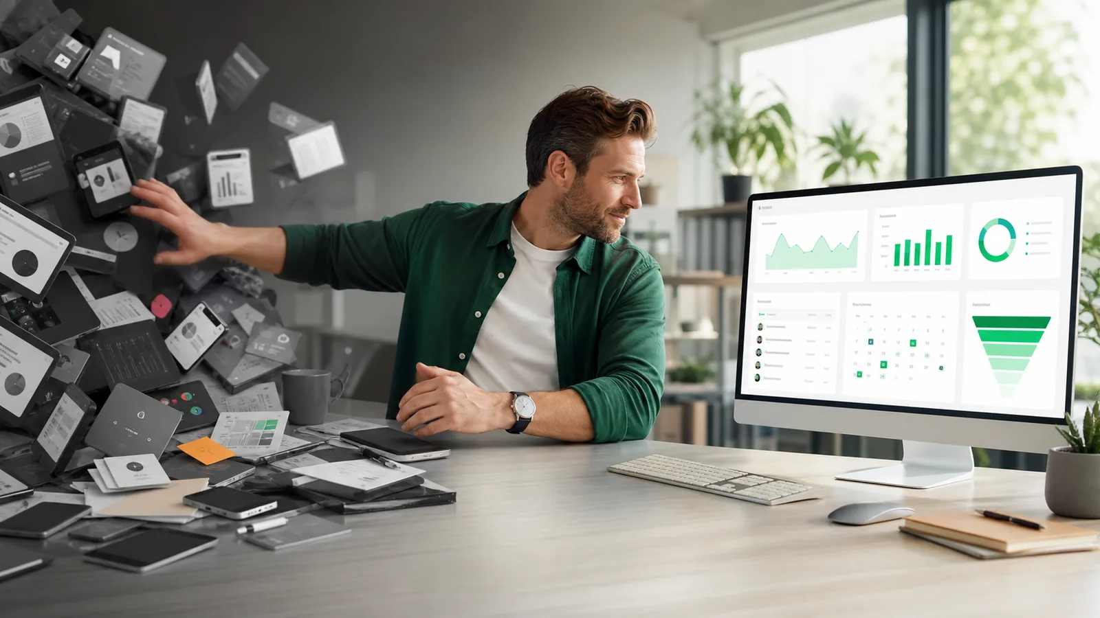 Marketer organising scattered marketing materials beside a dashboard of growth analytics, representing a digital marketing agency growth system
