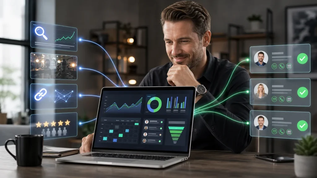 Marketer reviewing an analytics dashboard surrounded by search, backlink, review and media icons, representing digital PR and SEO