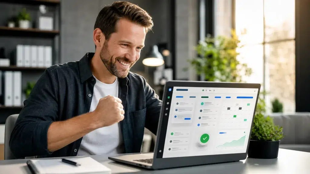 Marketer celebrating while viewing a GoHighLevel CRM sales pipeline of leads and follow-up tasks on a laptop