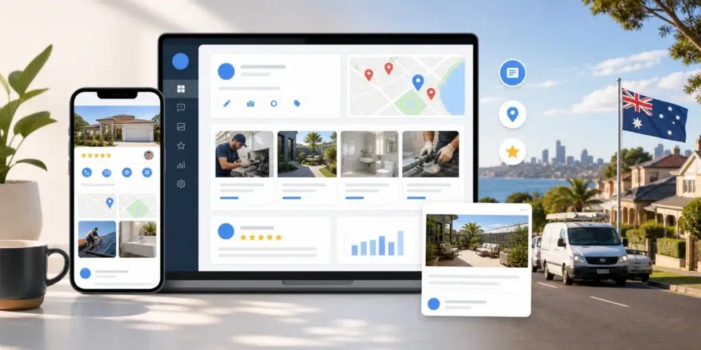 Google Business Profile management dashboard displayed across desktop and mobile devices for Australian local service businesses.