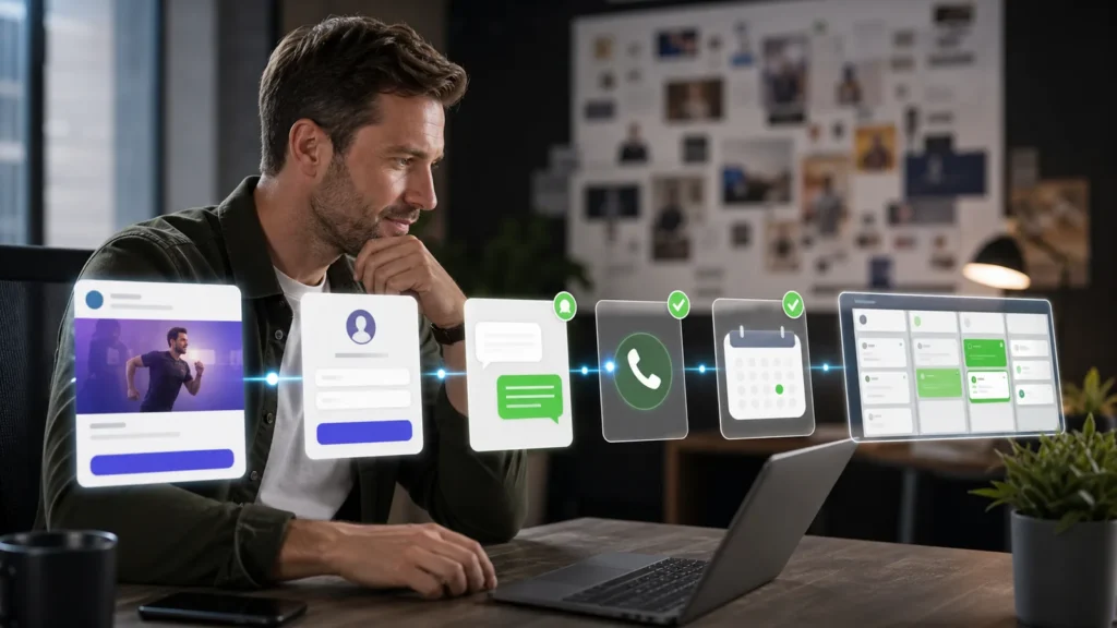 Marketer reviewing Meta ad creative, lead messages and a CRM dashboard, representing Meta Ads lead generation