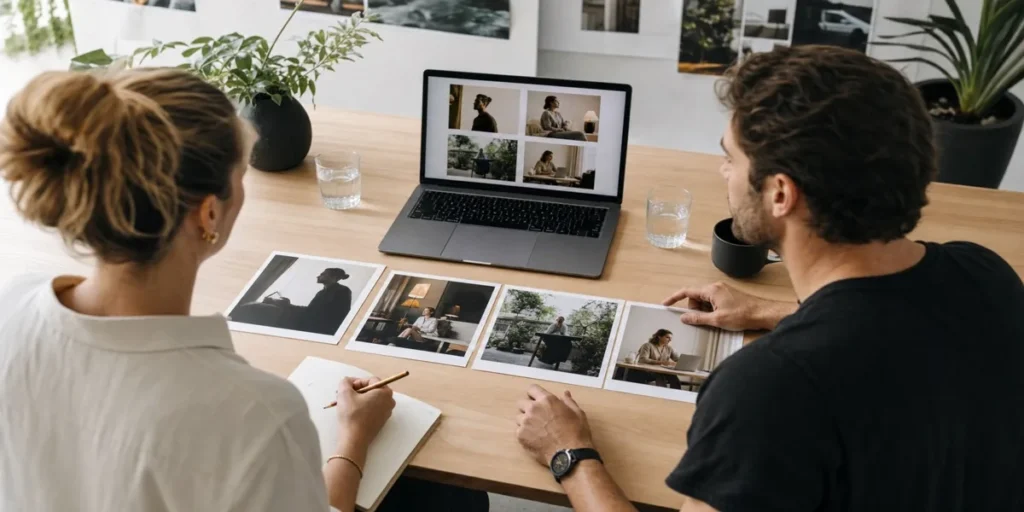 Two marketers reviewing printed ad creative variations and a laptop grid of images while planning a Meta Ads creative test