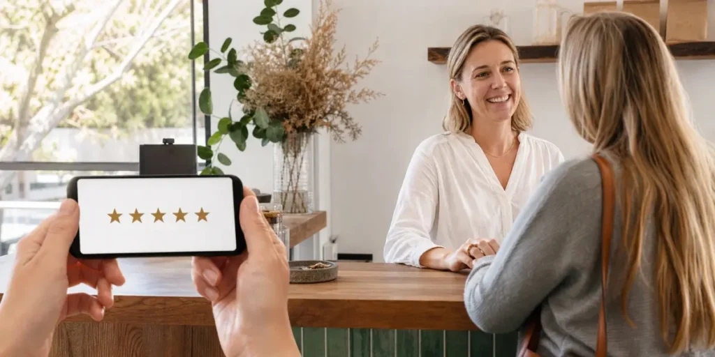 Hands holding a phone showing a five-star rating at a cafe counter while a smiling staff member serves a customer