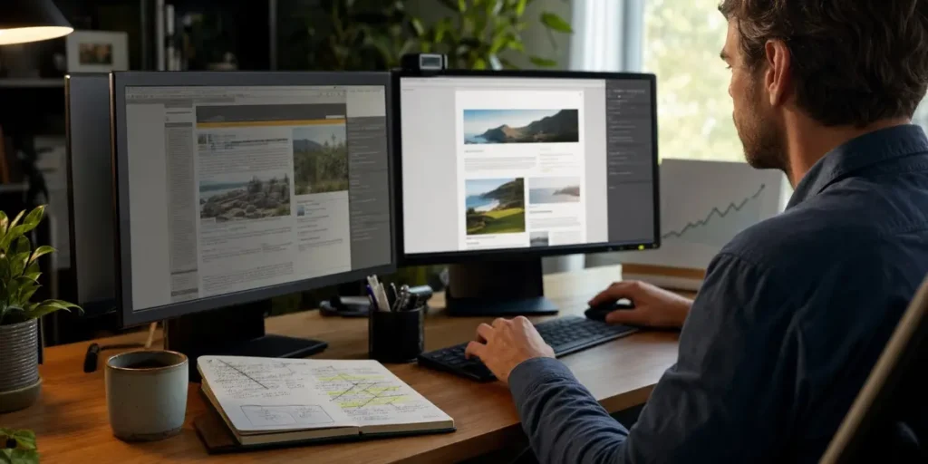 Marketer at a two-monitor desk comparing an older blog page with its refreshed version during an SEO content refresh.
