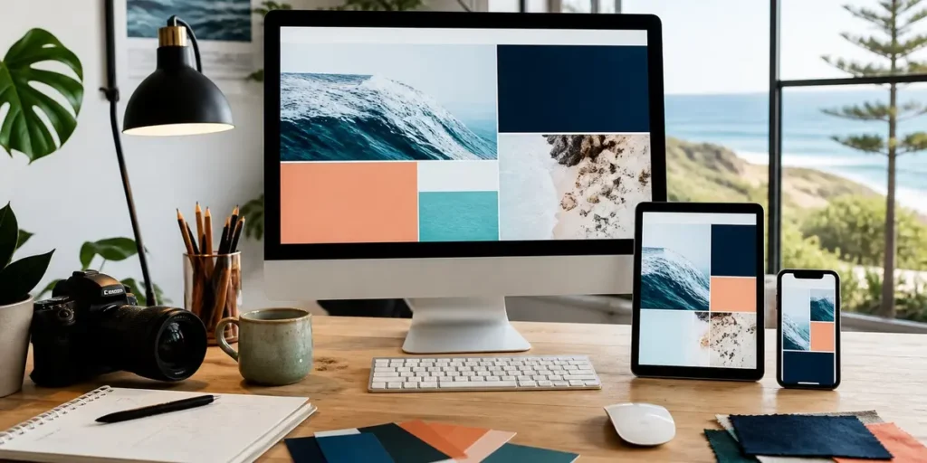 A website design shown responsively across a desktop monitor, tablet and phone on a designer desk, with colour swatches, a notebook and a camera alongside.