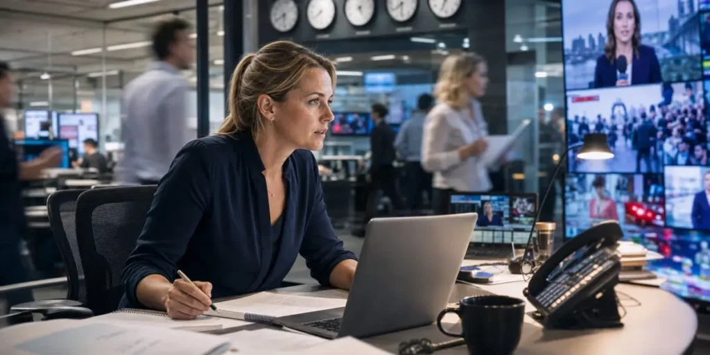 PR professional in a busy newsroom watching live broadcast screens while drafting expert commentary on a breaking story.