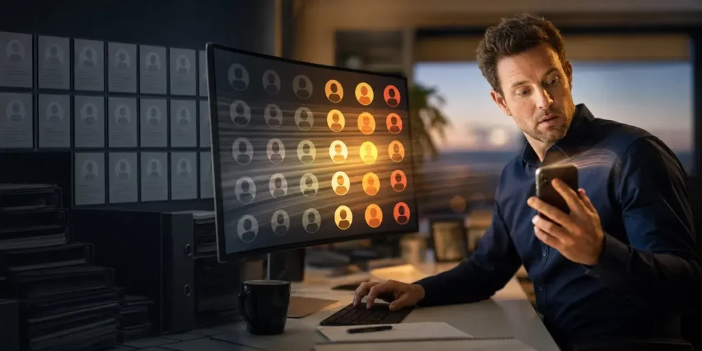 Business owner at a desk reviewing a CRM contact database on a curved monitor, with rows of dormant lead records lighting up as a reactivation campaign reaches them.