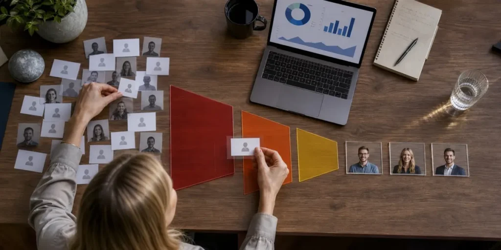 Overhead view of a marketer sorting lead cards through a coloured funnel on a desk, filtering a scattered pile of anonymous enquiries down to three qualified prospects, beside a laptop showing campaign performance charts.