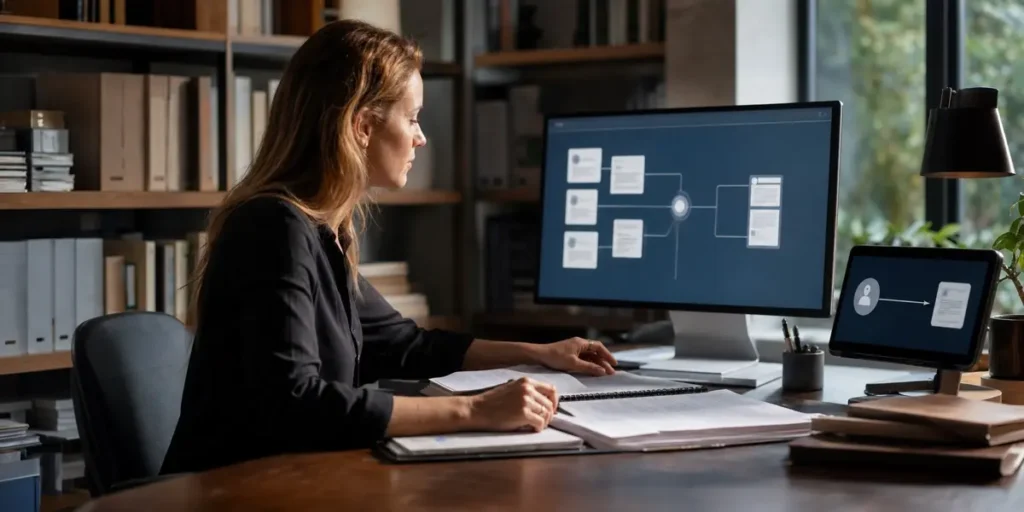 Business owner at a desk reviewing printed source documents beside a monitor showing a knowledge base diagram, where approved documents feed into a single node that answers a customer enquiry on a second screen.