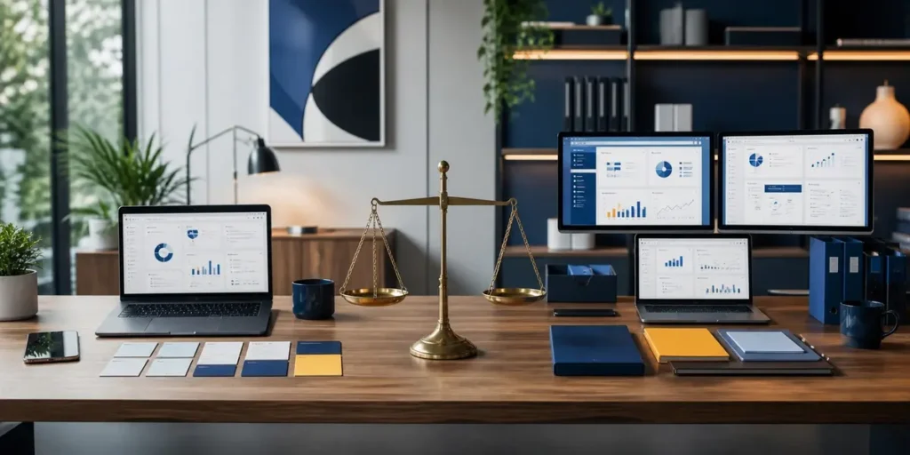 A brass balance scale on a desk between two sets of screens showing CRM dashboards, representing a side-by-side comparison of two platforms.