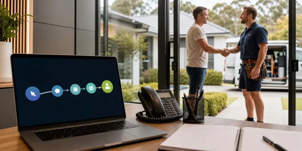 Laptop on a desk showing a conversion path from ad click through enquiry, form and booking to a new customer, with a tradesperson shaking hands with a homeowner in the doorway behind it.