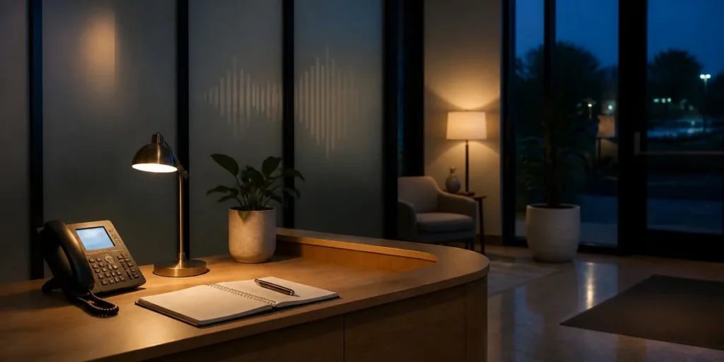 Empty office reception desk lit by a lamp at night with a desk phone and open notepad, and a sound wave graphic on the glass partition behind
