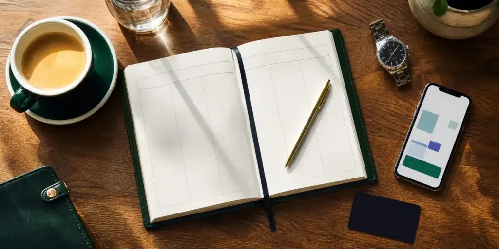 Open blank weekly planner and pen on a wooden desk beside a coffee cup and a phone showing a calendar app