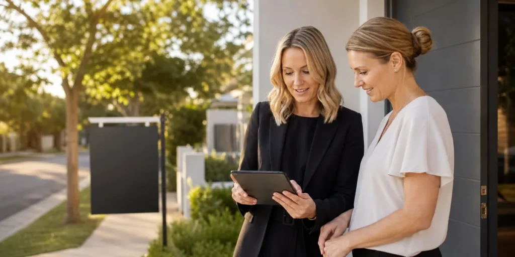 Real estate agent showing property details on a tablet to a homeowner outside a suburban house