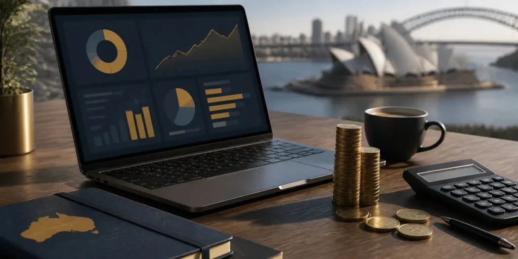 Laptop showing marketing dashboard charts beside stacked coins and a calculator, with Sydney Harbour in the background