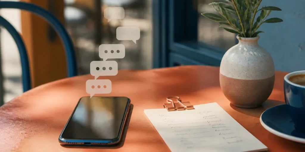 Smartphone on a cafe table with text message bubbles rising from it, beside a handwritten note and a coffee cup