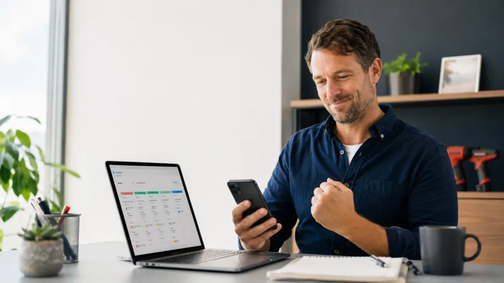Australian business owner reading a customer enquiry on his phone beside a laptop showing a CRM pipeline board