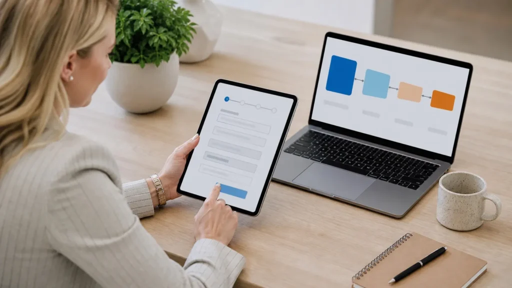 A woman completing a multi-step enquiry form on a tablet, beside a laptop showing a colour-coded workflow that routes each submission to the next step.