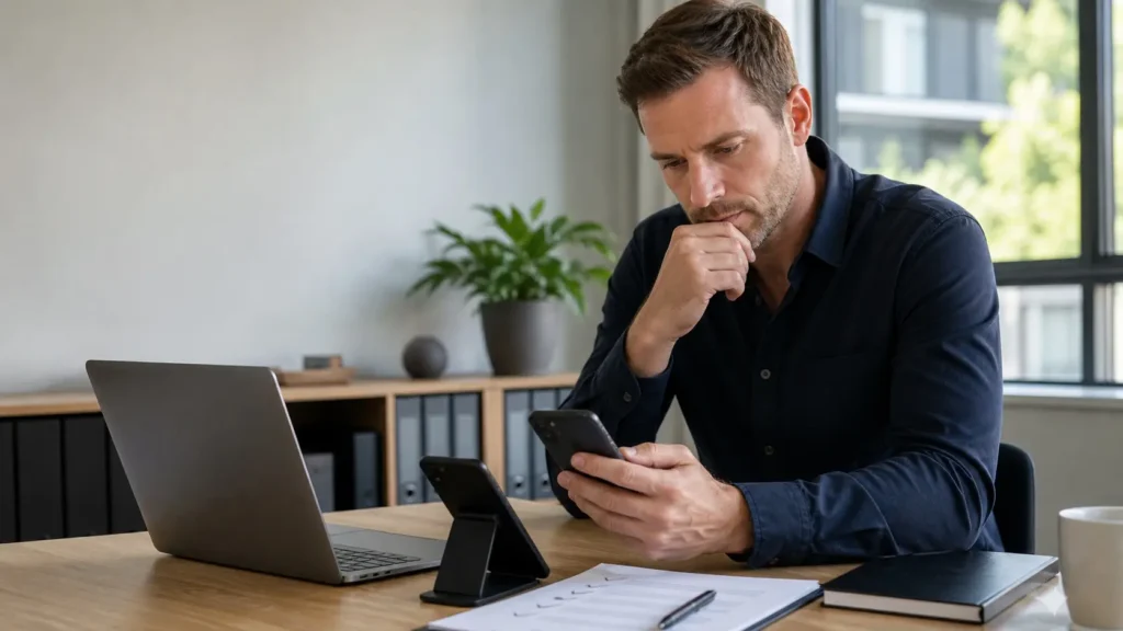 A business owner sitting at a desk reading a text message on his phone, with a laptop, tablet and a printed checklist and pen in front of him.
