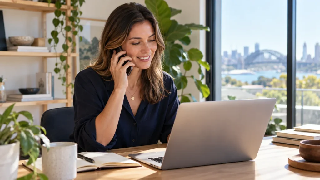 Smiling woman on a phone call at her laptop in a bright home office overlooking Sydney Harbour
