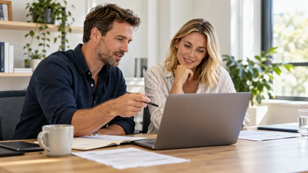 Two colleagues reviewing appointment details together on a laptop at an office desk