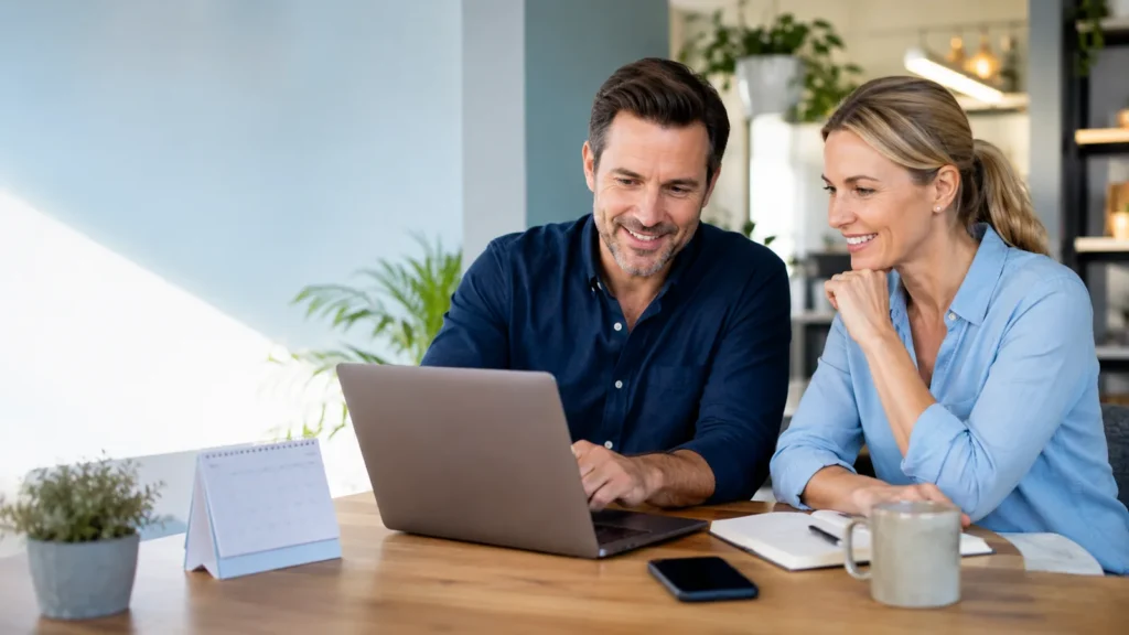 Two business owners planning their lead follow-up system together at a laptop with a desk calendar beside them