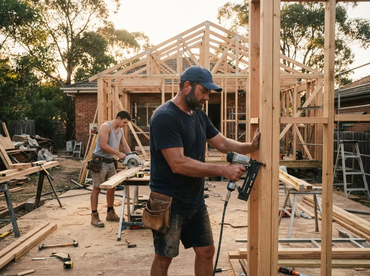 Australian trade business owner reviewing plans on site
